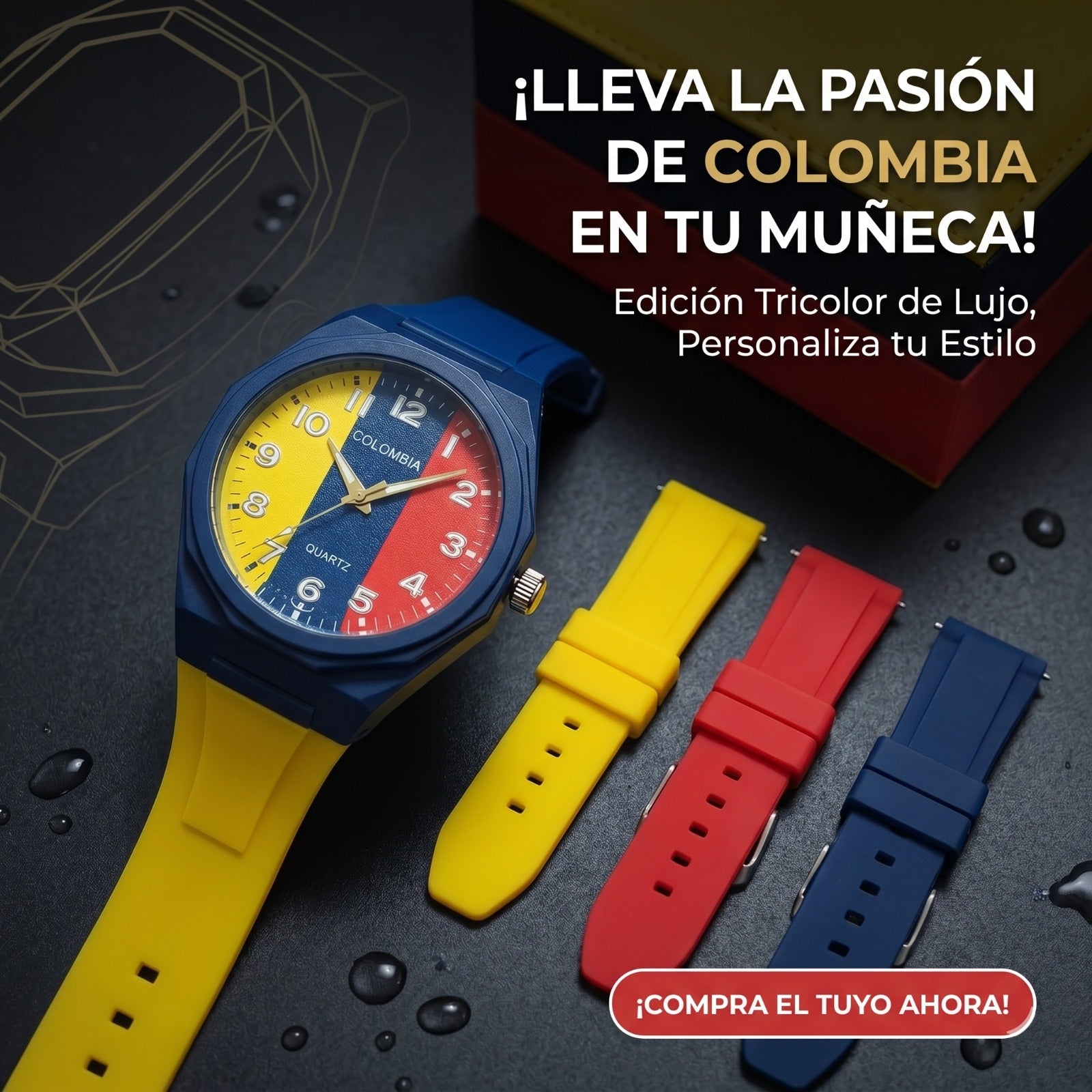 Reloj Tricolor Colombia + 3 Pulsos Intercambiables